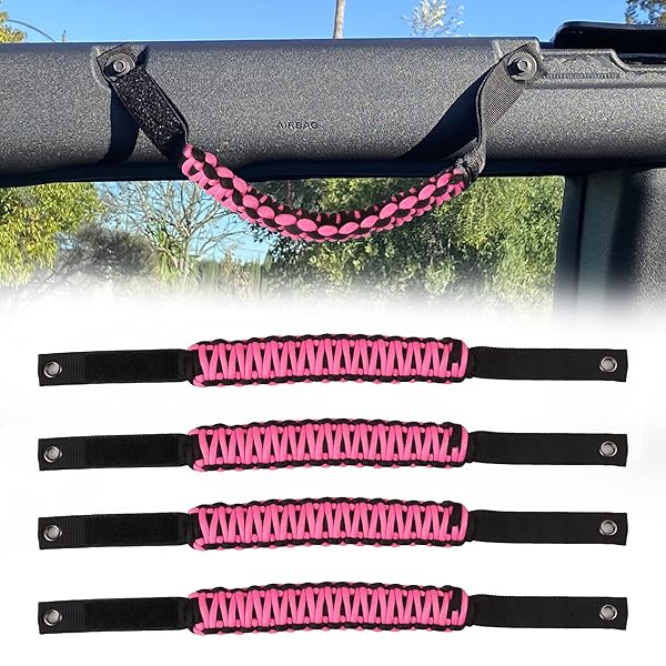 BESTAOO Roll Bar Grab Handles Paracord Grip Handle for Ford Bronco 2021 to 2025 2 Door 4 Door 4 Pack in Pink - Image 3