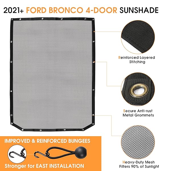 BESTAOO Sunshade for Ford Bronco Accessories 2021 2022 2023 2024 2025 4 Door, Front and Rear Full Length Mesh Sun Shade Bimini Top Cover for Bronco 4 - Image 3