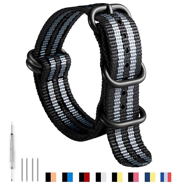 BINLUN Premium Nylon Watch Strap Thick Multicolor Bands for Men Women 18mm to 24mm with Heavy Duty Stainless Steel Buckle Black Grey-Black 22mm - Image 2