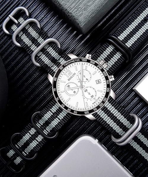 BINLUN Premium Nylon Watch Strap Thick Multicolor Bands for Men Women 18mm to 24mm with Heavy Duty Stainless Steel Buckle Black Grey-Black 22mm - Image 5