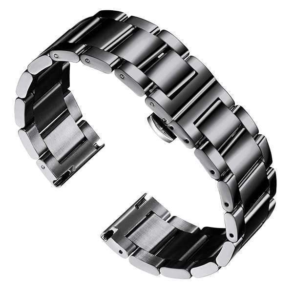 BINLUN Thick Stainless Steel Watch Band - Polished Black Replacement Strap for Men & Women (16mm-26mm)