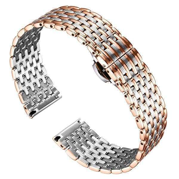 BINLUN Ultra Thin Mesh Stainless Steel Watch Band - 14mm Replacement Strap for Men & Women with Butterfly Buckle in Silver/Rose Gold