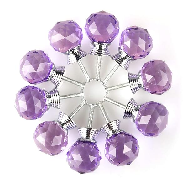 BNYZWOT 30mm Round Crystal Glass Cabinet Knobs 10Pcs Purple Drawer Pull Handles for Kitchen Dresser Wardrobe with Screws