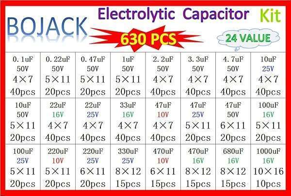 BOJACK 630pcs Aluminum Electrolytic Capacitor Kit: 0.1uF to 1000uF Assortment Box for Electronics Projects - Image 8