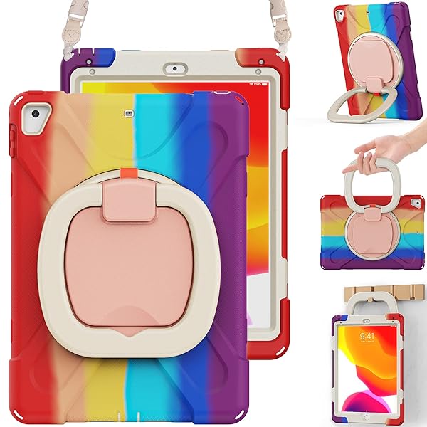 BRAECN iPad Case for 5th 6th Generation 2018 2017 Drop Protection Silicone Cover with Pencil Holder Shoulder Strap Kickstand for Kids Red