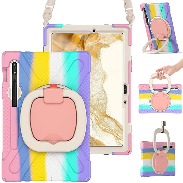 BRAECN Rugged Silicone Case for Galaxy Tab S9 S8 S7 11 Inch with Kickstand S Pen Holder 360 Grip and Shoulder Strap Colorful Pink