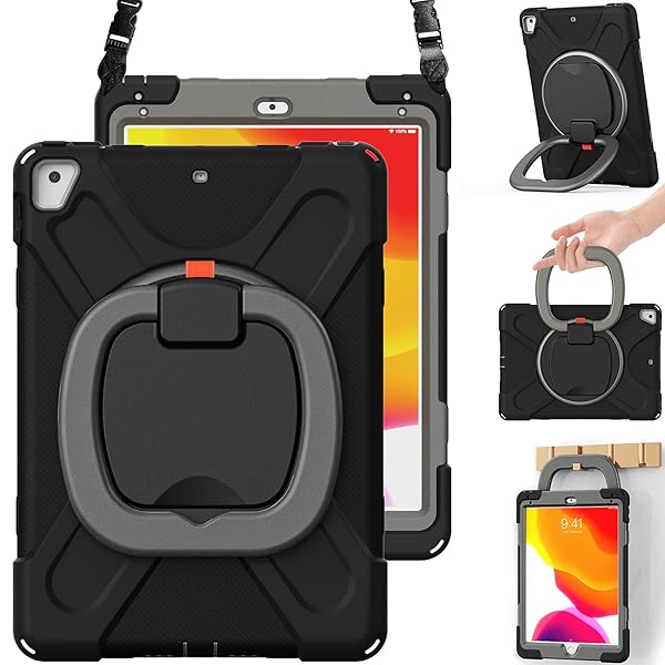 BRAECN iPad 9.7 Inch Case 6th 5th Generation Air 2 Protective Silicone Cover with Pencil Holder Hand Grip Kickstand Shoulder Strap Black Grey