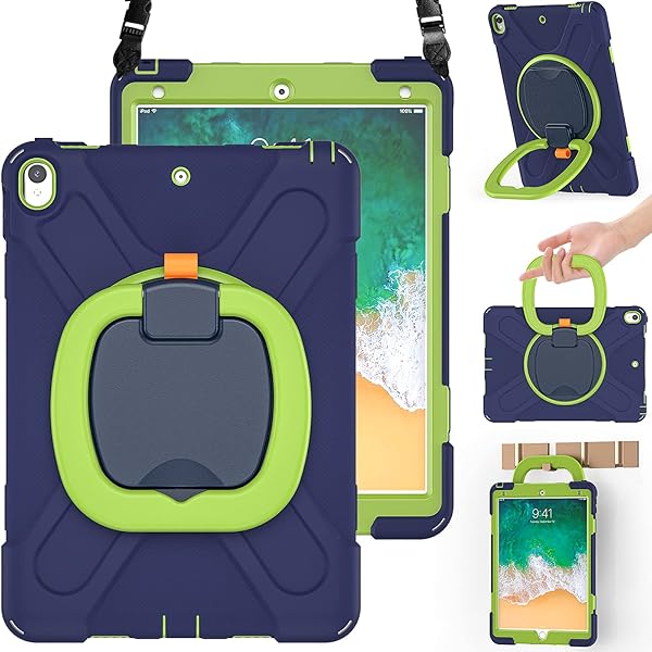 BRAECN iPad Air 3 Case 10.5 Inch 2019 Hybrid Shockproof Silicone with Pencil Holder Hand Grip Kickstand Shoulder Strap Navy Green
