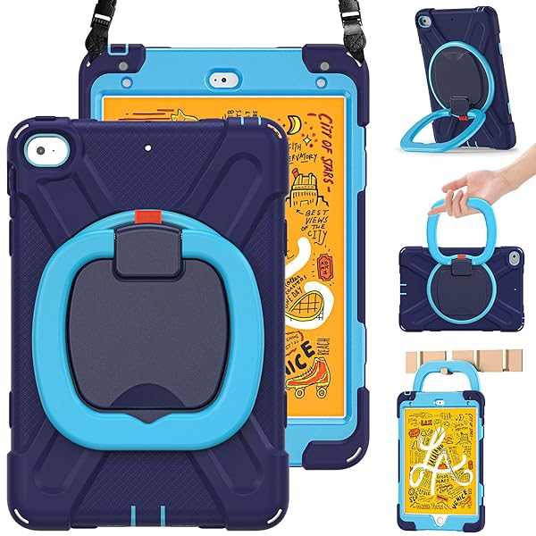 BRAECN Heavy Duty Case for iPad Mini 5th and 4th Generation Rugged Full Body Protection with Pencil Holder and Kickstand Navy Blue