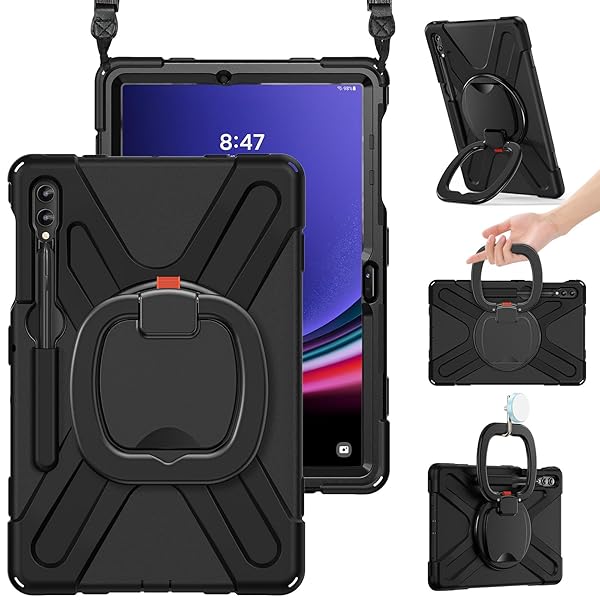 BRAECN Galaxy Tab S9 Plus Case Heavy Duty Silicone with S Pen Holder Kickstand Handle Shoulder Strap for Samsung Tab S9 Plus 2023 Black