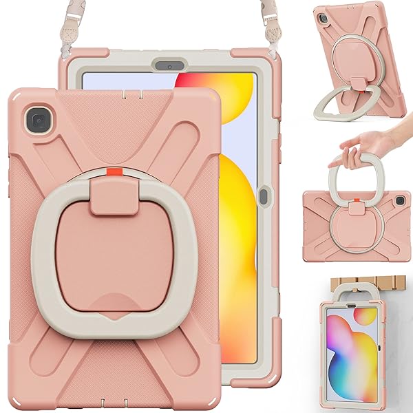 BRAECN Samsung Galaxy Tab S6 Lite 10.4 Kids Case Drop Proof Silicone Cover with Hand Grip Shoulder Strap Kickstand S Pen Holder Rose Gold
