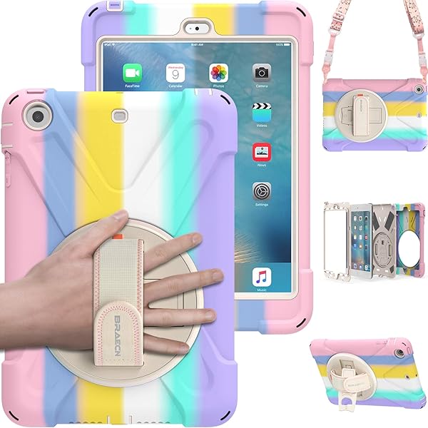 BRAECN iPad Mini 3 2 1 Case for Kids Rugged Shockproof Heavy Duty with Hand Strap Shoulder Strap Kickstand Colorful Pink
