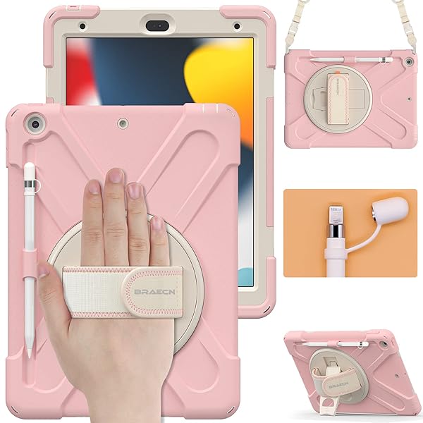 BRAECN iPad 10.2 Inch Case 2021 2020 2019 Three Layer Hybrid Kids Case with Strap Stand Screen Protector Pencil Holder Sakura Pink