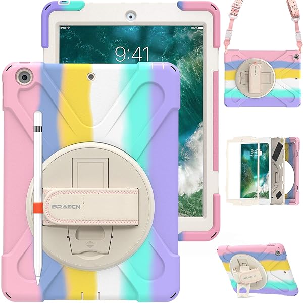 BRAECN iPad Case for 6th 5th Generation Kids Rugged Friendly with Pencil Holder Shoulder Strap Hand Strap Kickstand Light Rainbow