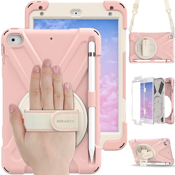 BRAECN iPad Mini 5th Generation Case for Kids with Pencil Holder Hand Strap Shoulder Strap Kickstand Sakura Pink