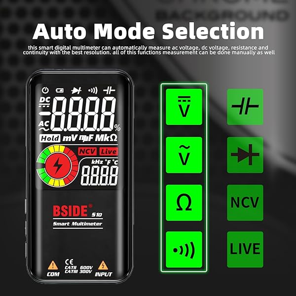 BSIDE Digital Multimeter: 9999 Counts Auto-Ranging LCD Voltmeter for Voltage, Capacitance, Resistance & More with Flashlight - Image 3