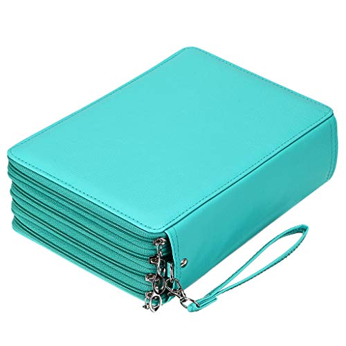 BTSKY 200 Slots Colored Pencil Organizer Deluxe PU Leather Case with Handle for Colored and Watercolor Pencils Green