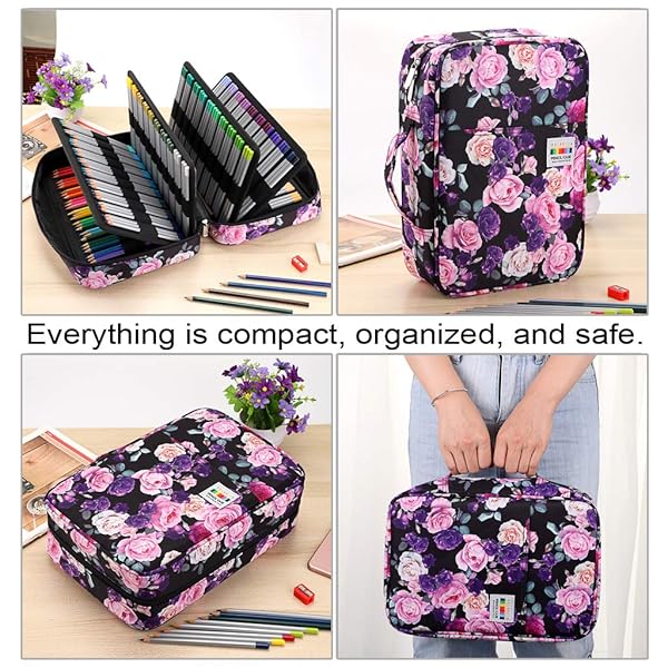 BTSKY 300 Slots Colored Pencil Case Organizer Portable Multilayer Holder for Prismacolor Crayola Gel Pens Purple Rose - Image 5