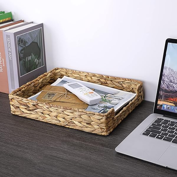 BTSKY Multipurpose A4 File Tray Natural Water Hyacinth Desk Tray Organizer Woven Letter Size Desk Documents Trays Magazine Files Storage Basket - Image 2
