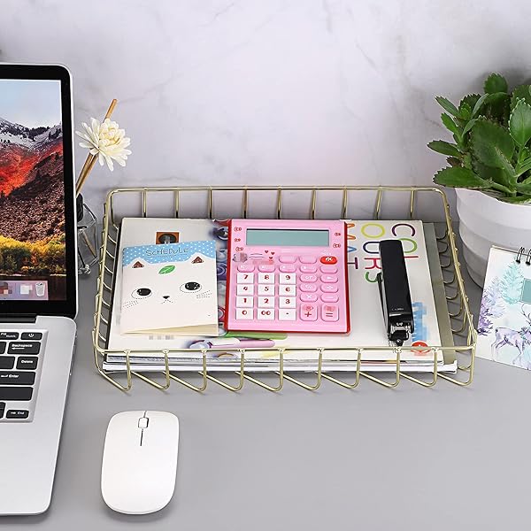 BTSKY Elegant A4 File Tray Organizer for Office and Home Storage Stylish Desk Document and Magazine Holder in Gold - Image 3