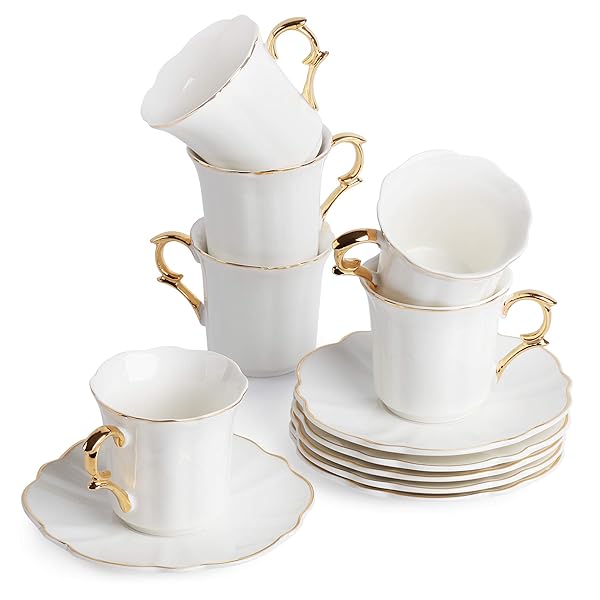 BTaT Espresso Cups & Saucers Set of 6 - Gold Trim Porcelain Demitasse Cups in Gift Box
