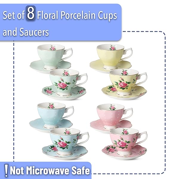 BTaT Floral Tea Cups Set of 8 - Multi-Color Porcelain with Gold Trim, Perfect Gift for Tea Lovers - Image 3