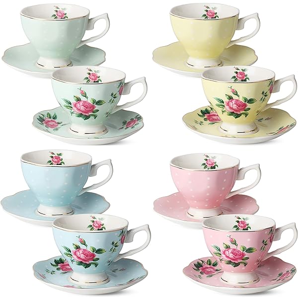 BTaT Floral Tea Cups Set of 8 - Multi-Color Porcelain with Gold Trim, Perfect Gift for Tea Lovers