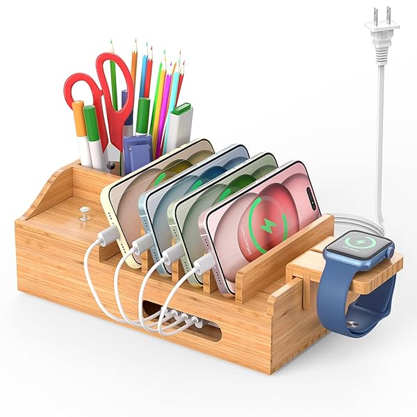 Multi-Device Bamboo Charging Station: 5-Port USB Dock with Cables & Smart Watch Stand for Office Organization