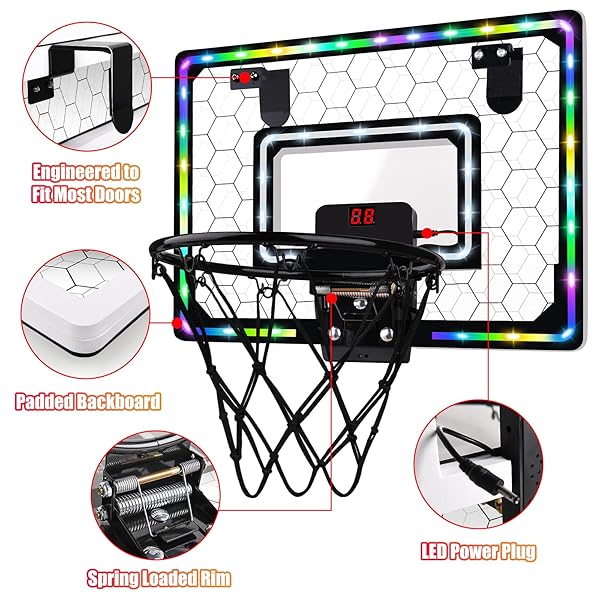 Indoor Basketball Hoop Mini Hoop with LED Light Scoreboard Door Basketball Toys Gifts for Kids Ages 5 to 12 Honeycomb Pattern - Image 4