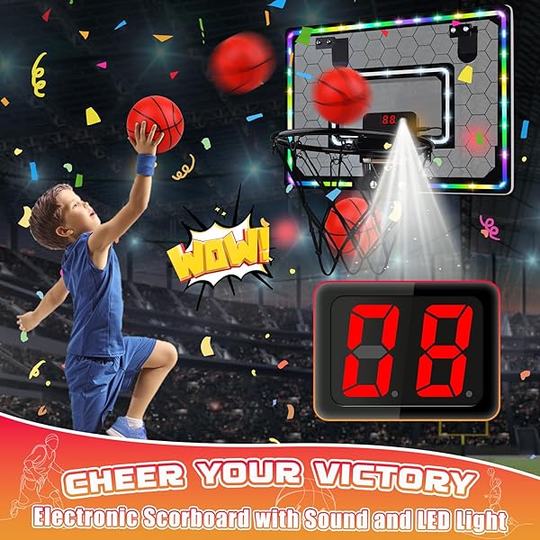 Indoor Basketball Hoop Mini Hoop with LED Light Scoreboard Door Basketball Toys Gifts for Kids Ages 5 to 12 Honeycomb Pattern - Image 7
