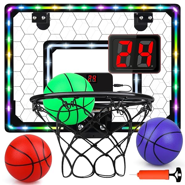 Indoor Basketball Hoop Mini Hoop with LED Light Scoreboard Door Basketball Toys Gifts for Kids Ages 5 to 12 Honeycomb Pattern - Image 3