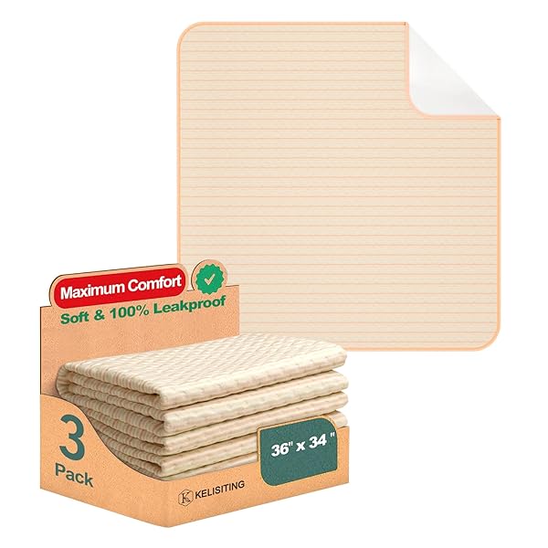KELISITING Washable Waterproof Bed Pads for Incontinence 36x34 Pack of 3 Reusable Bamboo Fiber Underpads for Adults and Pets