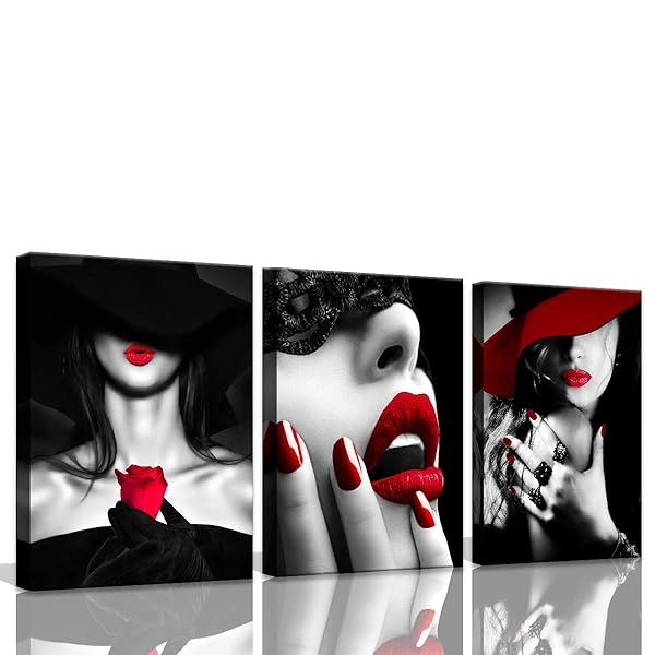 Chic Bedroom & Bathroom Decor: Red Lips, Black & White Art, Red Rose Canvas - Modern 3-Piece Wall Art for Home & Office - Image 2