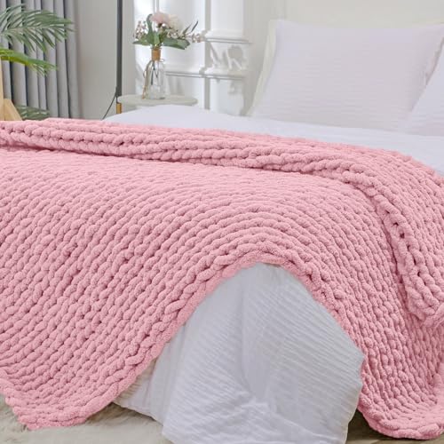Bigacogo Chunky Knit Throw Blanket 51x63 inches Hand Knitted Jumbo Chenille Yarn Cozy Soft Cable Crochet for Sofa Bed Living Room Blush Pink