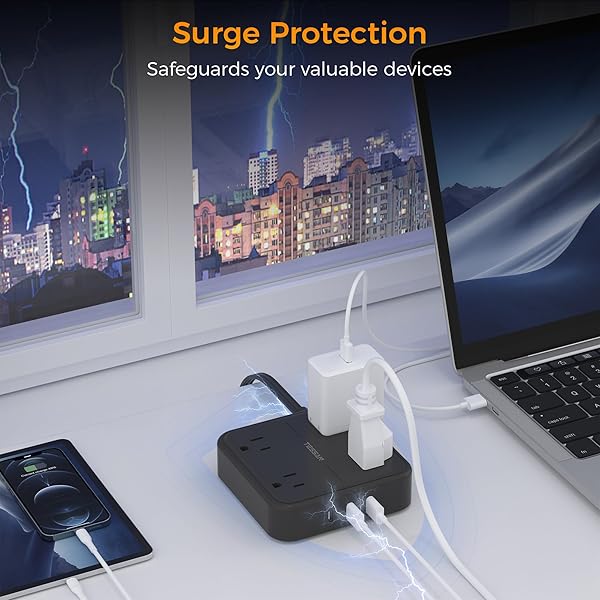 TESSAN 5FT Flat Extension Cord Surge Protector with 4 Outlets and 3 USB C Ports Ideal for Home Office and Dorm Black - Image 2