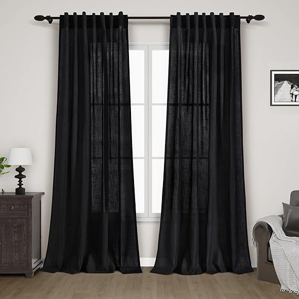 Black Linen Curtains 84 Inches Long 2 Panels Light Filtering Privacy Sheer Modern Farmhouse Cotton Textured Gauze for Bedroom Living Room - Image 3