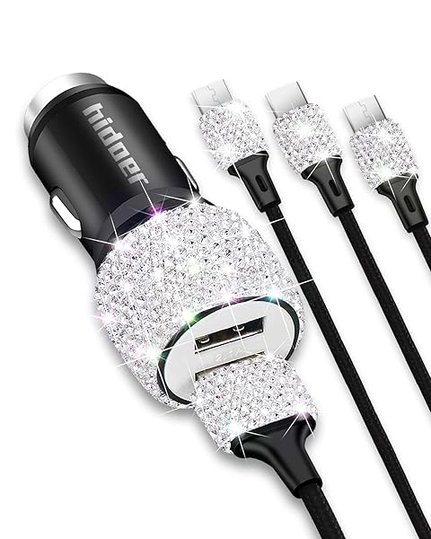 Hidoer Stylish Bling USB Car Charger with 3-in-1 Cable - Fast Dual Port Adapter for iPhone, iPad & Android - Perfect Car Accessory for Women