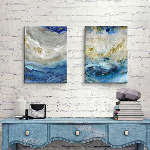 Blue Abstract Canvas Wall Art - Beige Print for Bathroom | Small 16'' x 12'' | No Hand-Painted Gold Foils - Image 2