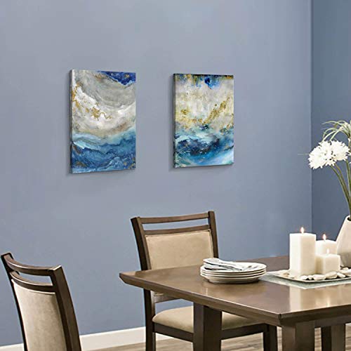 Blue Abstract Canvas Wall Art - Beige Print for Bathroom | Small 16'' x 12'' | No Hand-Painted Gold Foils - Image 3