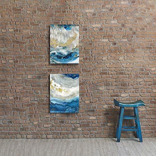 Blue Abstract Canvas Wall Art - Beige Print for Bathroom | Small 16'' x 12'' | No Hand-Painted Gold Foils - Image 5