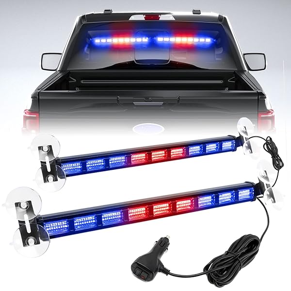 BooYu [Upgraded] Red Blue Police Firefighter Emergency Strobe Traffic Advisor Light Bar Switchable 4 Colors 162 LED Windshield 2 in 1 Visor Safety