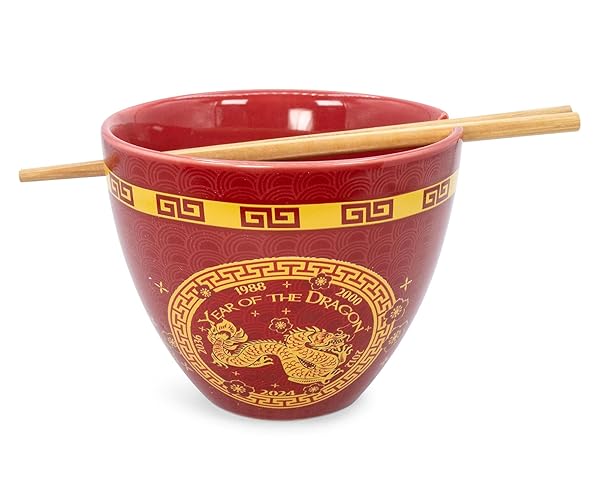 Boom Trendz Year Of The Dragon Chinese Zodiac Ceramic Set Ramen Bowl and Wooden Chopsticks Asian Kitchen Gift Red One Size