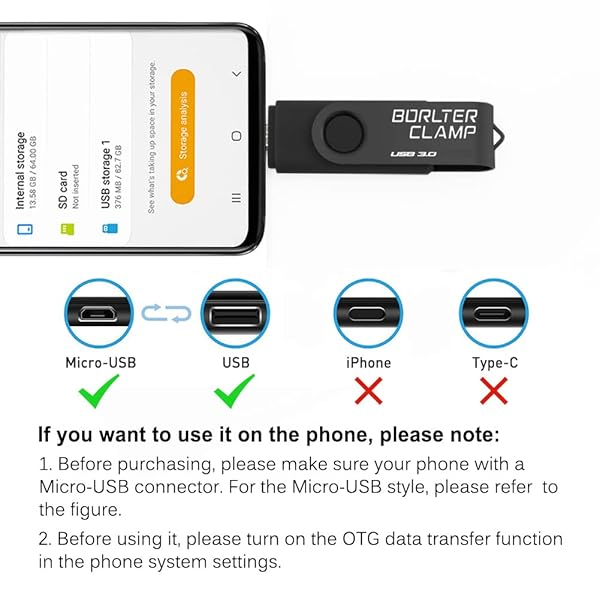 BorlterClamp 128GB USB 3.0 Flash Drive Dual Port Memory Stick for Android Smartphone Tablet and Computer Purple - Image 6