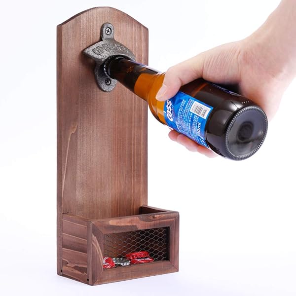 Vintage Wooden Wall Mounted Bottle Opener with Cap Collector - Perfect Gift for Men & Beer Lovers, Ideal Bar Decoration - Image 3