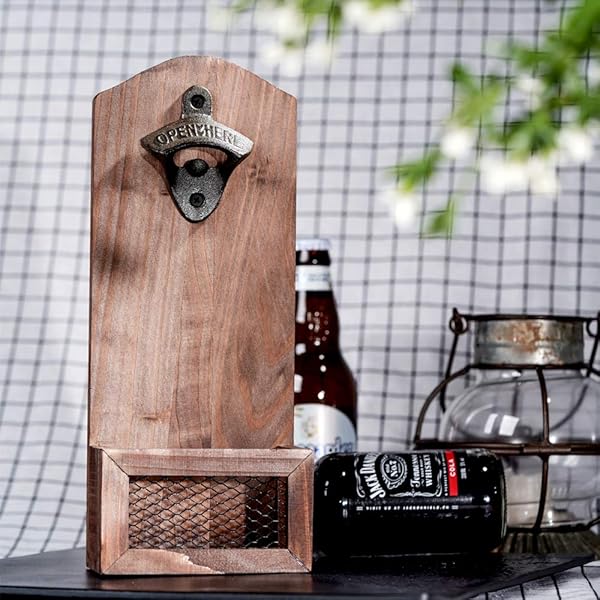 Vintage Wooden Wall Mounted Bottle Opener with Cap Collector - Perfect Gift for Men & Beer Lovers, Ideal Bar Decoration - Image 4