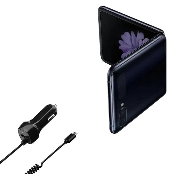 BoxWave Car Charger for Samsung Galaxy Z Flip with Extra USB Port and Built-in Cable Black