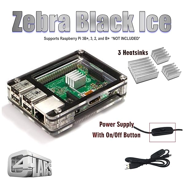 Buy C4Labs Zebra Case Kit for Raspberry Pi 3B+/2B - Includes Heat Sinks & Power Cord - Black Ice Edition - Image 2