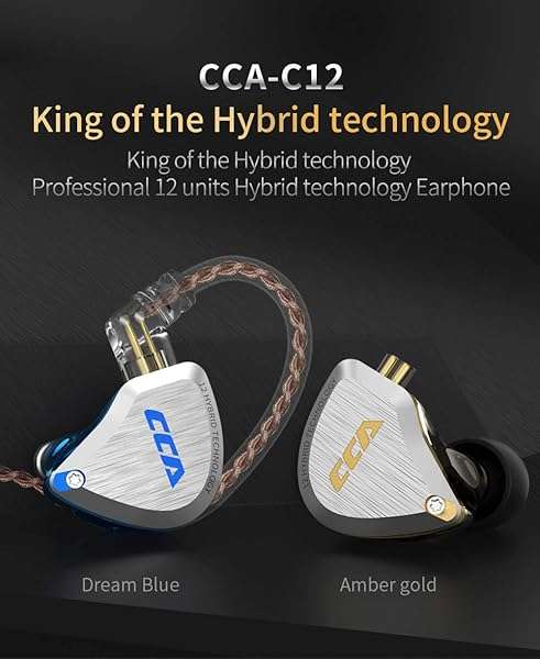 CCA C12 In-Ear Monitors: 5BA+1DD Hybrid HiFi Stereo Earbuds for Musicians & Audiophiles - Tangle-Free Cable, Amber Gold - Image 3