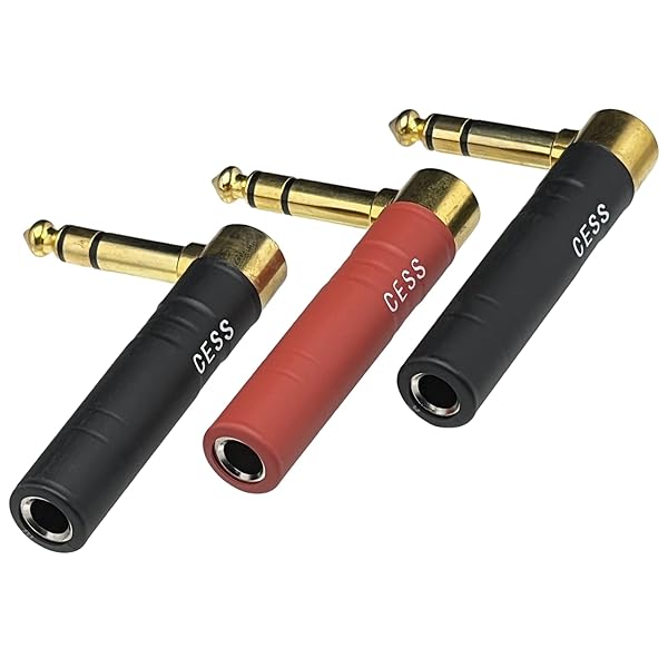 CNCESS CESS-237 1/4-inch TRS Stereo Right-Angle Adapter 3-Pack - Gold-Plated, Heat Shrink Protection, Red & Black