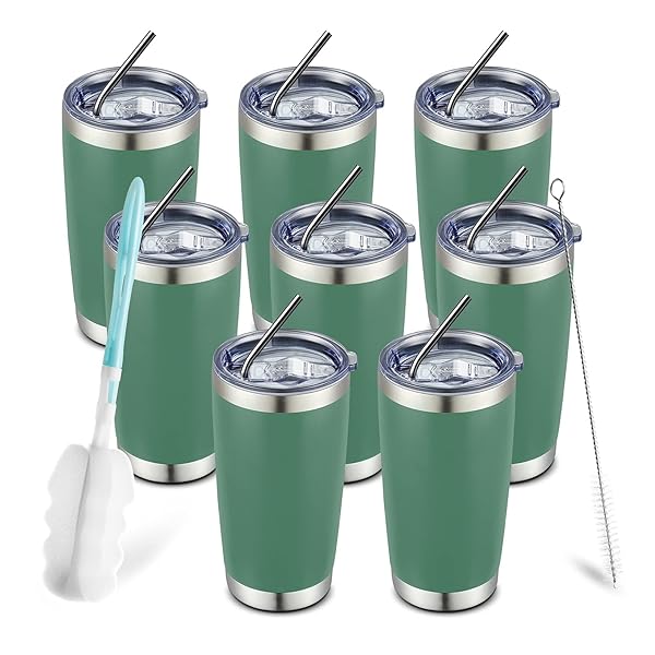 COMOOO 20oz 8 Pack Double Wall Vacuum Insulated Coffee Travel Mug Stainless Steel Tumbler with Lid and Straw for Hot and Cold Drinks